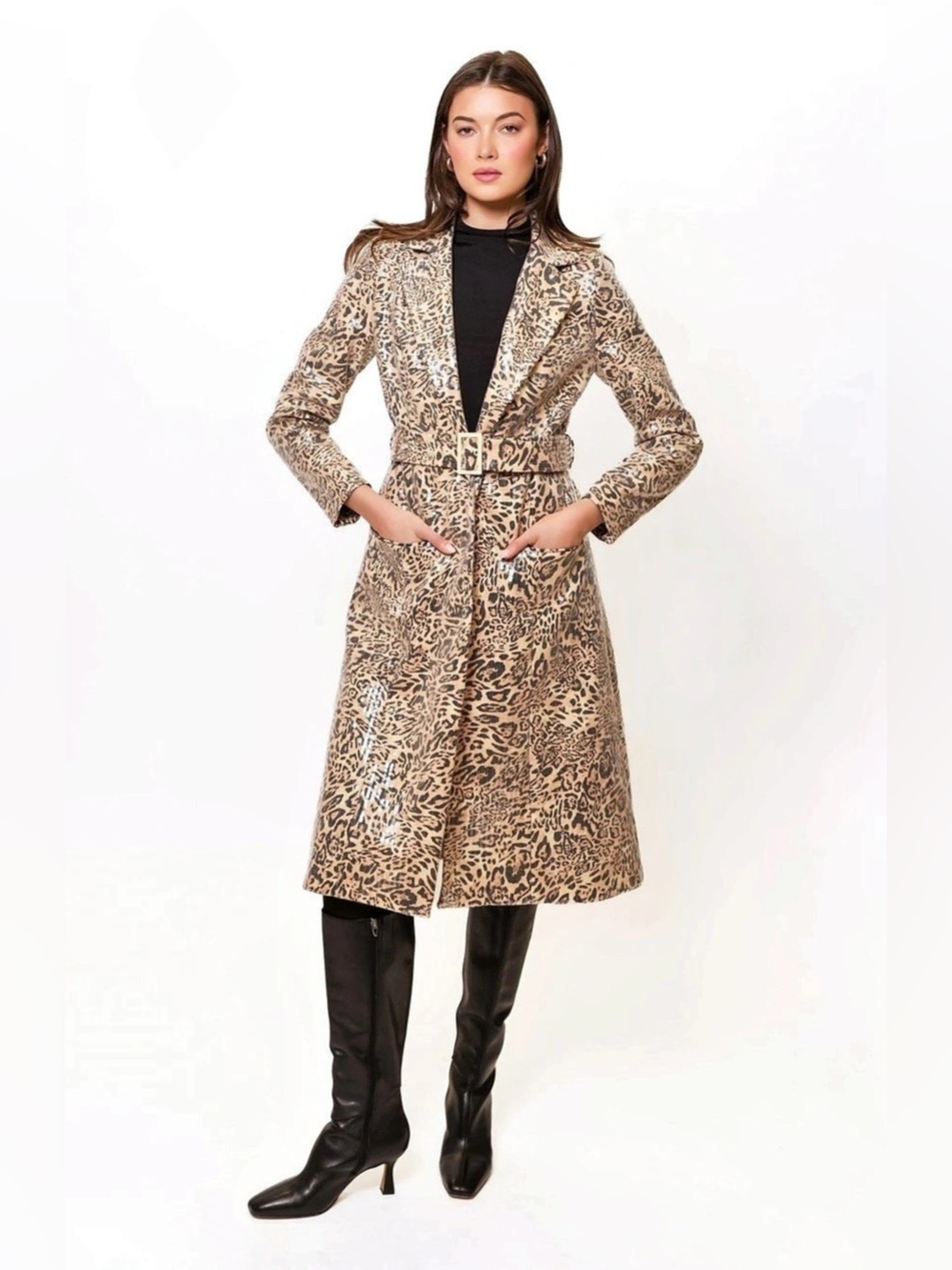 Hutch Hana Sequin Leopard Belted Coat Brown & Black Small